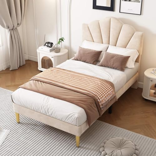 KOMHTOM - Cama acolchada con cabecero de cama y marco de cama con somier de madera y moderno dormitorio (sin colchón) (beige, 90 x 200 cm)