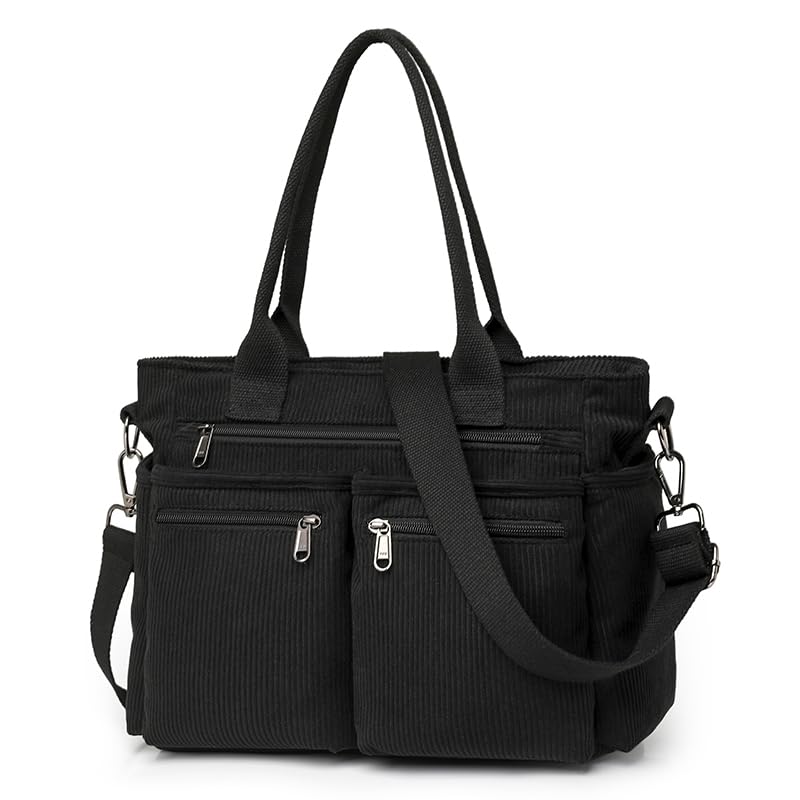 Lamprod Bolsa tiracolo feminina de veludo cotelê fofa bolsa carteiro grande, Preto, Medium