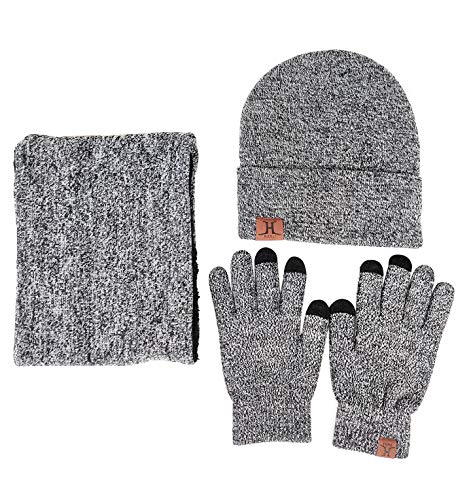 JOYEBUY Men 3 PCS Knitted Set Winter Warm Knit Hat + Scarf + Touch Screen Gloves (Grey)