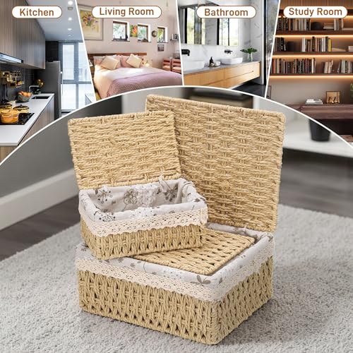 3pcs Woven Storage Baskets with Lids, Decorative Storage Boxes, Space-Saving Wicker Basket for Shelves, Paper Rope Basket Bedroom Storage Solutions, Reusable Hamper Baskets with Removable Lining - Cosy Home Interiors 3pcs Woven Storage Baskets with Lids, Decorative Storage Boxes, Space-Saving Wicker Basket for Shelves, Paper Rope Basket Bedroom Storage Solutions, Reusable Hamper Baskets with Removable Lining - Image 6