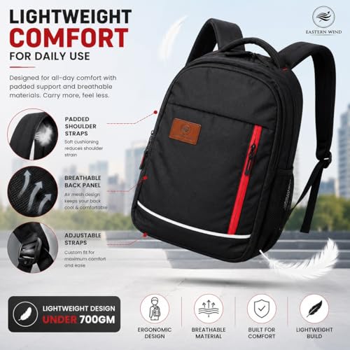 Image of EASTERN WIND 37L 19 inch School Bag Backpack, 3 Compartments, Raincover, Organiser, Laptop Sleeve, Safety Strip. School Bag for Boys & Girls 12+ Years, College Bag, Office Bag, Travel Bag