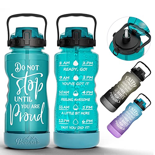 BOWINR Do Not Stop Until You Are Proud Half Gallon Water Bottle with Straw Time Marker 72 Oz BPA Large Leakproof Reusable Flip Top Motivational Jug for Sports Fitness Outdoor Adult and Teen