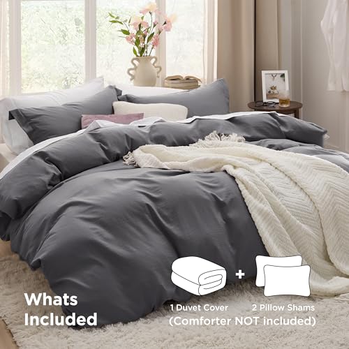 Image of Bedsure Charcoal Grey Duvet Covers Queen Size - Washed Duvet Cover, Soft Queen Duvet Cover Set 3 Pieces with Zipper Closure, 1 Duvet Cover 90x90 inches and 2 Pillow Shams