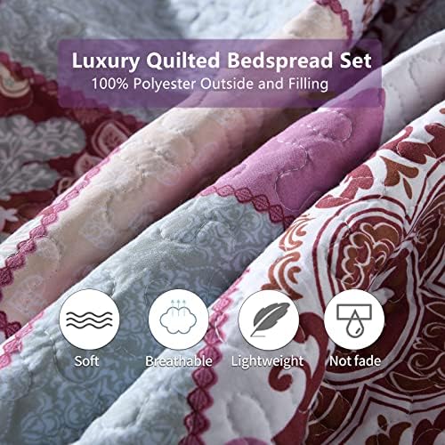 Qucover Quilted Bedspread King Size Microfiber 3-Piece Reversible Purple Flower and Tree Pattern Bedspreads Quilted Throw, Beautiful Coverlets Sets with 2 Pillowcases