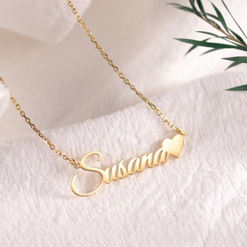 TinyName Custom Name Necklace Personalized 18K Plated Nameplate Customized Jewelry Gift for Women: Horizontal Name Necklace-Heart 2