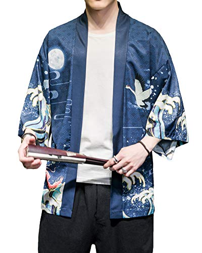 Image of Men's Japanese Kimono Robe Jacket Lightweight 3 /4 Sleeve Open Front Yukata | Silky Smooth Fashion Print Happi Coat Lightweight Breathable Loose Unisex Haori Casual Summer Cardigan Daily Beach Vacation