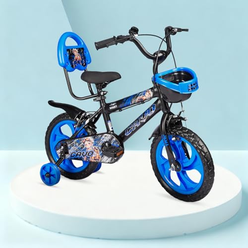Image of Amazon Brand - Jam & Honey Kids 14T Bicycle | Sturdy Steel Frame | EVA Tyres | Adjustable Seat & Handlebar | Training Wheels | Front Basket | Blue