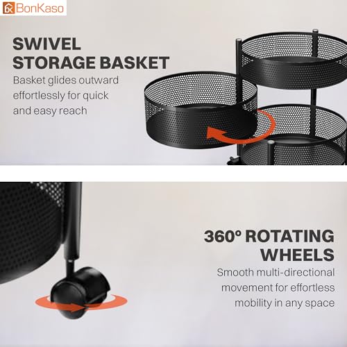 Image of BonKaso 3-Layer Round Multipurpose Kitchen Trolley with Swivel Storage Basket & 360 Rotating Wheels, Black Steel Frame, Easy Mobility, Space-Saving and Durable