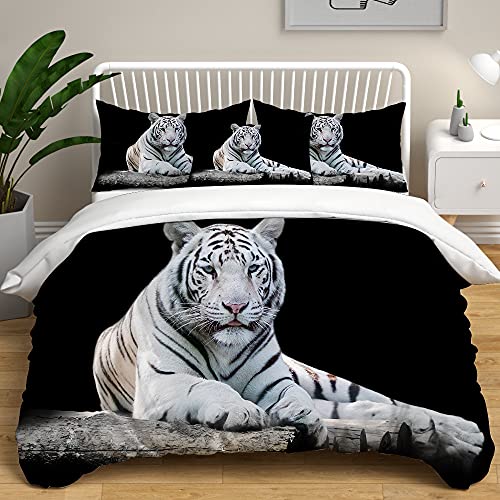 Treer Juego de Ropa de Cama con Funda de Edredón 3 Piezas Cama 90/135/150 Fundas Edredón Nórdica de Poliéster con 2 Fundas de Almohada - 3D Tigre (Tigre Blanco,Cama 90cm 150x200cm)