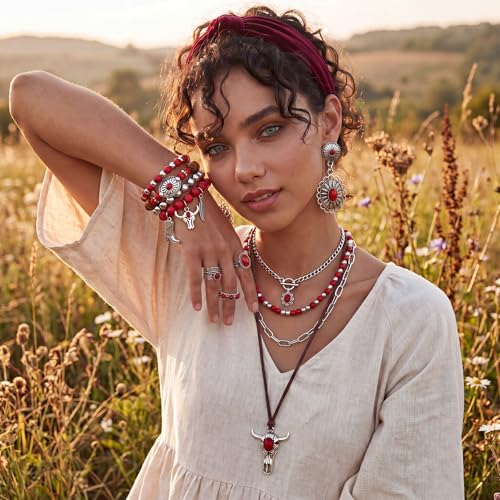 Image of Ecally Bohemian Western Jewelry Turquoise Set Women Country Pendant Long Choker Layered Bracelets Earrings Ring for Women