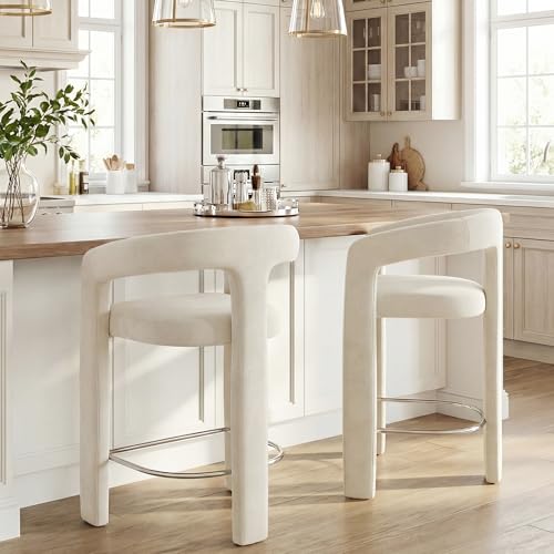 Image of HNY Modern Barrel Bar Stools Set of 2, 26 Inch Upholstered Velvet Counter Height Barstools with Open Back and Armrests, for Kitchen Island, Home Bar, Dining Room, No Assembly, Cream