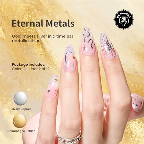 Image of Beetles Gel Liner Nail Polish Set Metallic Silver Gold 2pcs Gel Nail Polish Art Chrome 3D High-Gloss Effect for Nail Paint Design with Thin Brush DIY French Manicure Gifts for Women