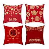 KYMY 2026 Chinese New Year Cushion Covers – Set of 4, 17.5 x 17.5 Inch Fu Character Lucky Prosperity Spring Festival Lunar New Year Polyester Throw Pillow Covers for Couch Sofa Home Decor