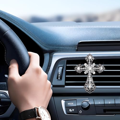 Image of Bling Cross Car Air Vent Clip, Crystal Rhinestone Sparkling Vehicle Air Conditioner Outlet Clamp Charm, Dazzling Diamond Automotive Vent Decoration Clip, Universal Fit (Black)