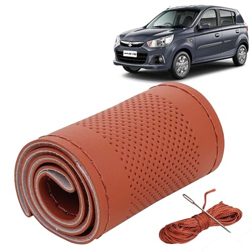 Image of KINGSWAY PU Leatherite Car Steering Cover Sewable Compatible with Maruti Suzuki Alto K10 (Year 2014-2022), Tan Color with Tan Thread, Pack of 1 with Sewing Needle and Thread