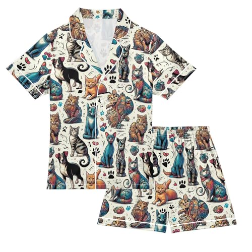 ALAZA Cat Kitten Dog Paw Print Pajamas Satin Pajama Set Short Sleeve Button Down Sleepwear