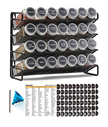 Comparison: Best Spice Rack For Cabinet 2 SpaceAid Spice Rack Organizer with 28 Spice Jars, 386 Spice Labels, Chalk Marker and Funnel Set for Cabinet, Countertop, Pantry, Cupboard or Door & Wall Mount - 28 Jars, 13.4" W × 10.8" H, Black