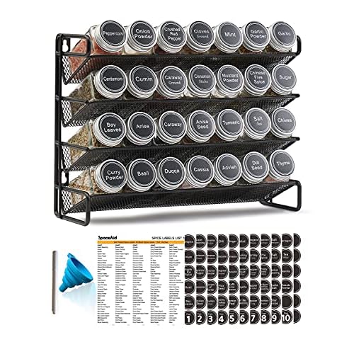SpaceAid Spice Rack Organizer with 28 Spice Jars, 386 Spice Labels, Chalk Marker and Funnel Set for Cabinet, Countertop, Pantry, Cupboard or Door & Wall Mount – 28 Jars, 13.4″ W × 10.8″ H, Black