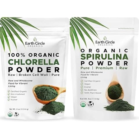 Earth Circle Organics | Spirulina & Chlorella Powder, Kosher, Non-Irradiated | Pure Vegan Protein | Premium Superfood, High in Amino Acids - 4oz (Spirulina & Chlorella Combo) Cover