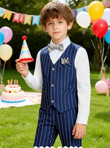 Image of Baby Boy Suits Formal Stripe Gentleman Tuxedo Suit Set Complete Dress Clothes Toddler Wedding Ring Bearer Outfit