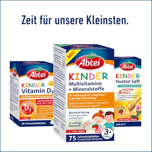 Abtei Kinder Multivitamine + Mineralstoffe - Für ein gesundes Aufwachsen* von Kindern - Ab 3 Jahren - Mit 21 wichtigen Nährstoffen - Glutenfrei, Laktosefrei, Gelatinefrei - 75 Schmelztabletten