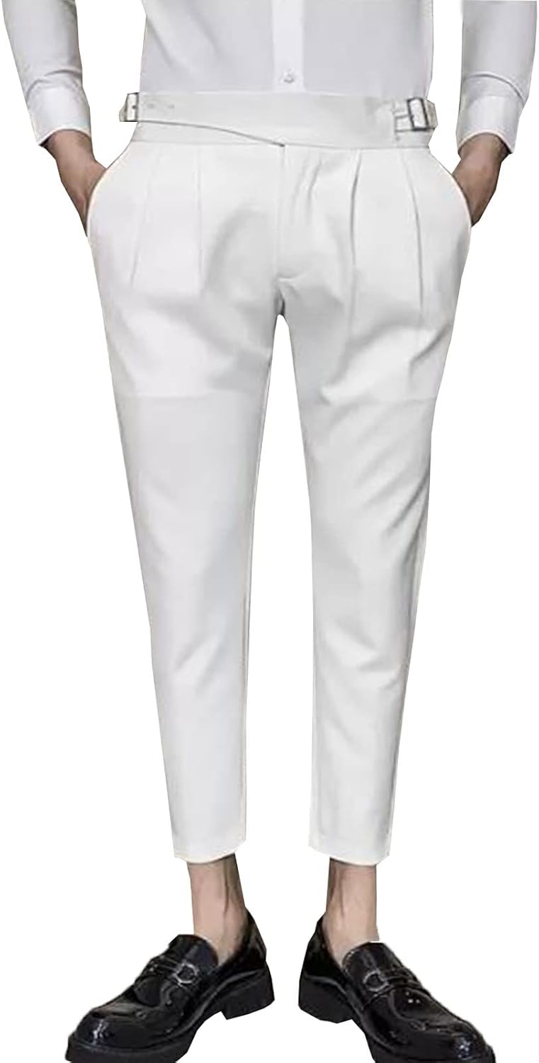 Men's Expandable Waist Pleated Suit Pants Slim Fit Business Stretch Dress Trousers