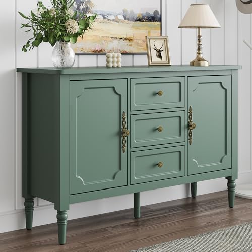 Image of FansaFurn Green Storage Cabinet, Mid-Century Buffet Cabinet with 2 Doors & 3 Drawers, Accent Sideboard Cabinet with Adjustable Shelves & Turned Legs, Great for Entryway, Living Room, Dining Room