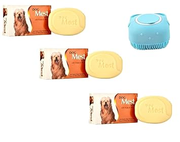 Dogmest Pet Soap Kills Fleas, Ticks, Lice Mosquitoes & Clean The Skin (Pack of 3) Neem & Vitamin E with Silicone Bath Brush