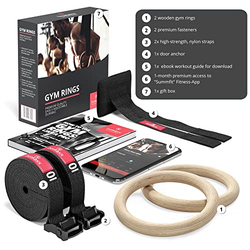 Gymnastic Rings Set Wood + Door Anchor Attachment, Exercise Ebook & Safety Straps + Length Markings | Wooden Olympic Gym Gymnastics Athletic Fitness | Home Workout Muscle Training (Gym Rings - Eu) #TOP1