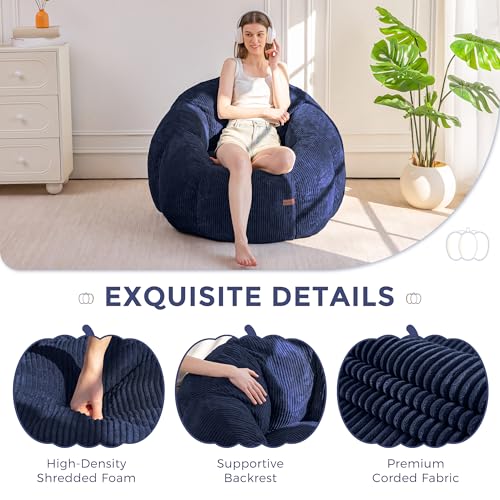 Image of MAXYOYO Giant Bean Bag Chair, Pumpkin-Shaped Bean Bag Sofa, Oversized Boneless Couch Sofa in a Box, Comfy and Lazy Lounge Chair for Dorm, Living Room, Navy