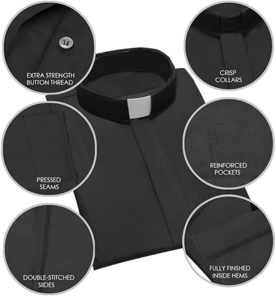 CLERKMANS Men’s Clergy Priest Shirt Long Sleeves, Free Tab Collar Insert for Pastor Preacher Minister Costume Button Shirt - Image 2