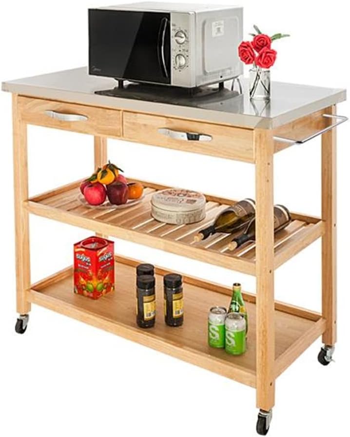 Moveable Kitchen Cart with Stainless Steel Table Top Two Drawers Two Shelves Kitchen Trolley Cart Dining