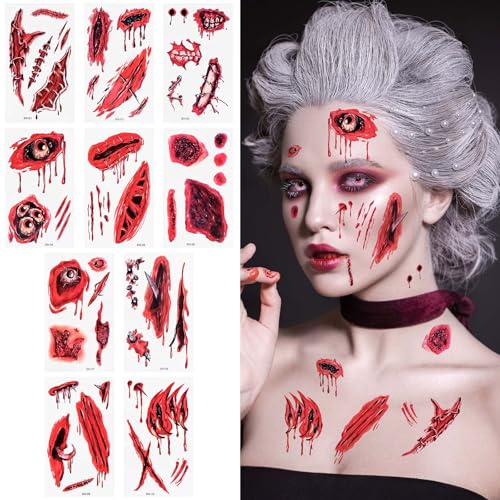 Alaoo Autocolantes feridas Halloween, 10 folhas tatuagem de Cicatriz de Halloween, tatuagem temporária realista para crianças e adultos, Halloween, Cosplay, maquilhagem A