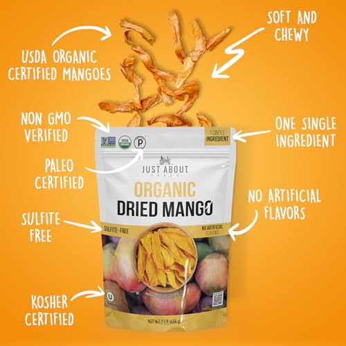 Just About Foods Organic Dried Mango, No Sugar Added, No Preservatives, Soft and Chewy, Healthy Snack, Gluten-free, Non-GMO, Paleo & Kosher Certified, 1 LB, Single Ingredient - Thumbnail 3
