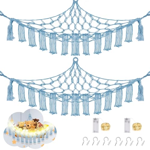 Image of CERETIA Stuffed Animal Hammock with LED Light, Large Stuffed Animals Storage Corner Plushie Net for Kids Room Decor, 2 Packs Baby Blue