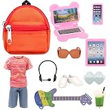 ENOCHT 11 Pcs Travel Playset for Boy Doll - Outfit, Backpack, Guitar, Laptop, Cellphone, Pad, Sunglasses, Headset & 3 Accessories (Doll Not Included)