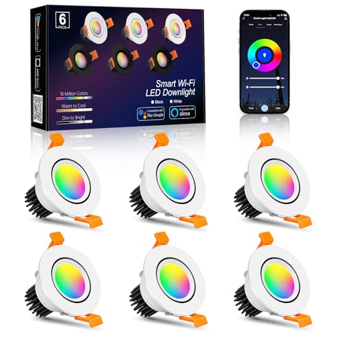 Smart WiFi 2 Inch LED Downlight, 5W RGBCW Recessed Light 2700K-6000K, Dimmable COB Color Changing, Compatible with Alexa/Google, LED Driver Included, 6 Pack