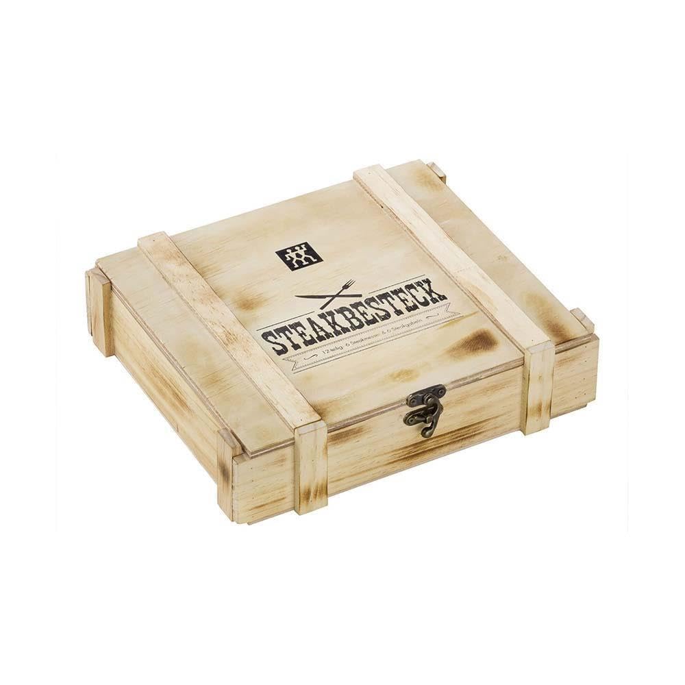 ZWILLING Steakbesteck Set 12-teilig, Für 6 Personen, in Holzbox, Edelstahl | Spülmaschinengeeignet, Messer mit Klingenstahl