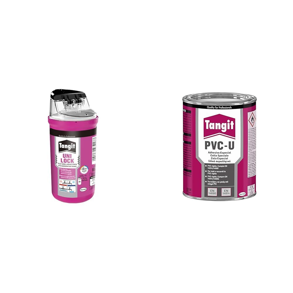 Bundle Tangit Uni-Lock, Filo sigillante per tubature in metallo e plastica, 1x80m & Tangit PVC-U Adesivo Speciale, Latta di Colla per Assemblare Tubi, 1 Latta da 1kg