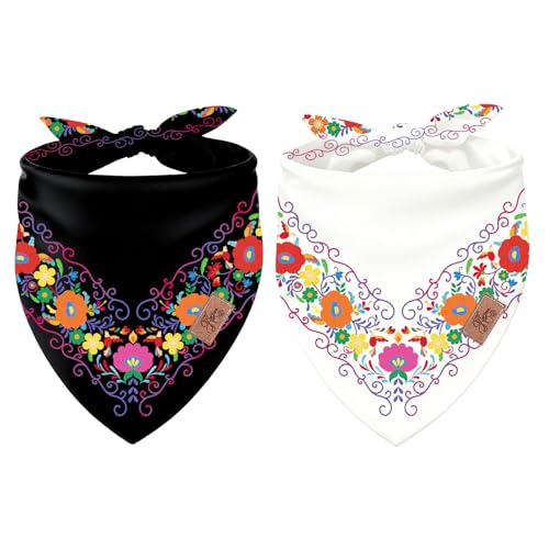JarThenaAMCS 2Pcs Mexican Dog Bandana Triangle Pet Scarf Cinco De Mayo Fiesta Black White Floral Adjustable Pet Neckerchief for Medium Large Dog Cat Carnival Costume Accessories