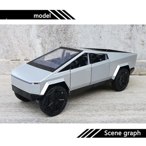 Image of SASBSC Toy Pickup Trucks Cybertruck Model 1 /24 Diecast Metal Car (Silver) Toy Trucks For Boys Age 4-7 With Sound&Light (Silver)