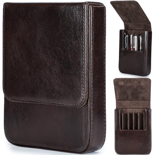 CataPurus Top Grain Genuine Leather 6 Pencil/Pen Tray Case Organizer, Fashion Design No Logo, Handmade, Magnetic Closure with Drawer Design, Gift Choice for Man/Woman/Office, Glossy Coffee, 6 Slots