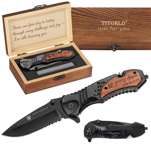 Titorld 10 Years Anniversary Keepsake Gifts for Him, 10th Tin Anniversary for Men Him Husband, Ten Year Marriage Wedding Date Engraved Pocket Knife with Gift Box, Personalized Mens knife
