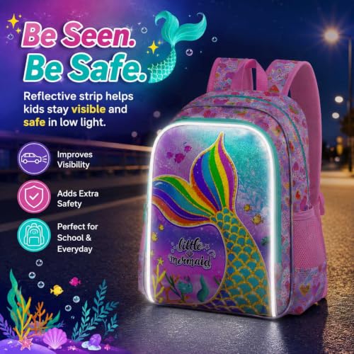 Image of 16 inch Mermaid Backpack for Girls, 3Pcs Kids Fish Tail Backpacks with Lunch Box, School Bookbag for Elementary Preschool Kindergarten(Pink)