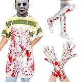 USUKUSI Halloween Bloody Butcher Costume Set - Chef Apron Gloves Stockings - Halloween Bloody Costume Horror Set Scary Blood Handprint Costume Party Costume Prop