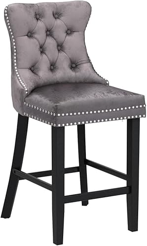 Miniatura 5 de LZ LEISURE ZONE Juego de 2 sillas de bar de altura de mostrador, taburetes de bar tapizados de terciopelo con decoración copetuda, ribete cromado