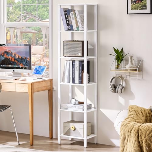YUFAM 66in Tall Bookshelf 6-Tier Small Narrow Bookcase, Skinny Book Shelf for Small Space, Farmhouse Slim Shelf with Storage, Wood Freestanding Display Thin Bookshelves for Living Room, Office, White