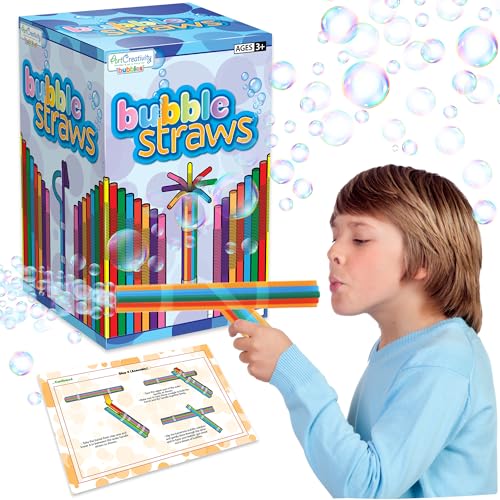 ArtCreativity DIY Bubble Wand Craft for Kids - Set of 300 Straws, Bubble Solution and How-to Guide - - Bubble Wand Craft for Toddlers in 6 Colors - Bubble Blower Craft Ages 4-10