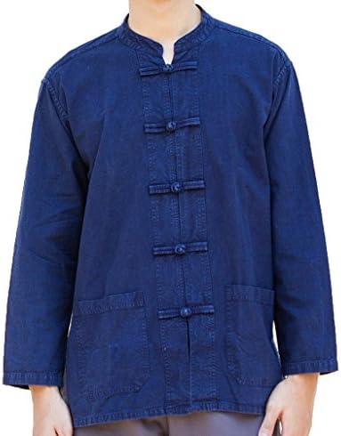 Malime Men's Long Sleeve Kung Fu Tai Chi Cotton Shirt Large Navy Blue
