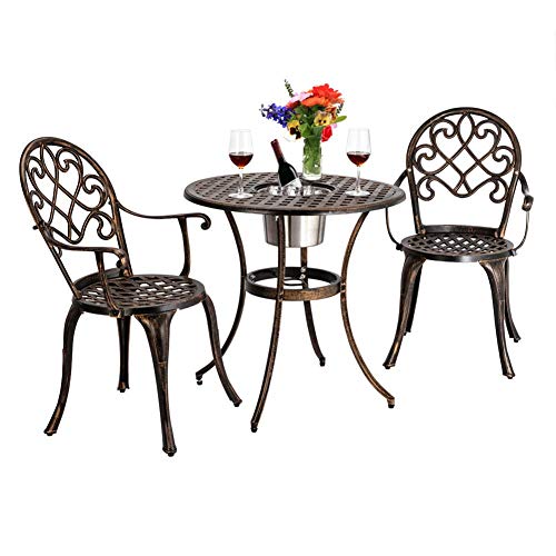3pcs Aluminum Patio Bistro Set Attached Ice Bucket, Outdoor Setting Cast Bistro Table